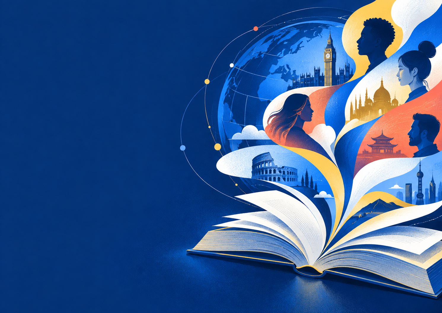 Иллюстрация: открытая книга, глобус и люди разных культур